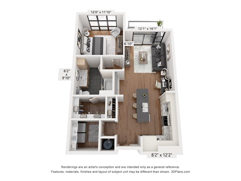 Floor plan for 1 bed, 1 bath, 767 sqft